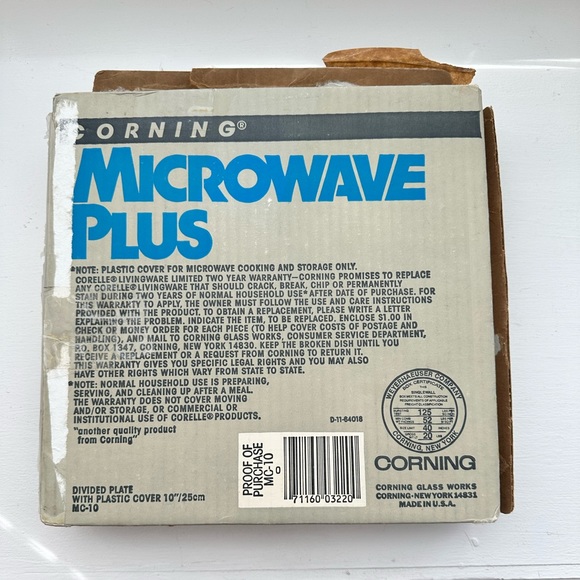 CORELLE by Corning Microwave Plus 10” Divided Plate/Plastic Cover. Vintage 1980s - Picture 2 of 6
